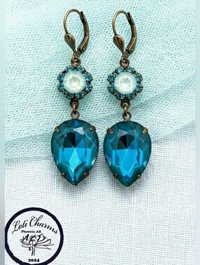 Ocean Blue Green & Mint Flower Swarovski Crystal In Brass Earrings